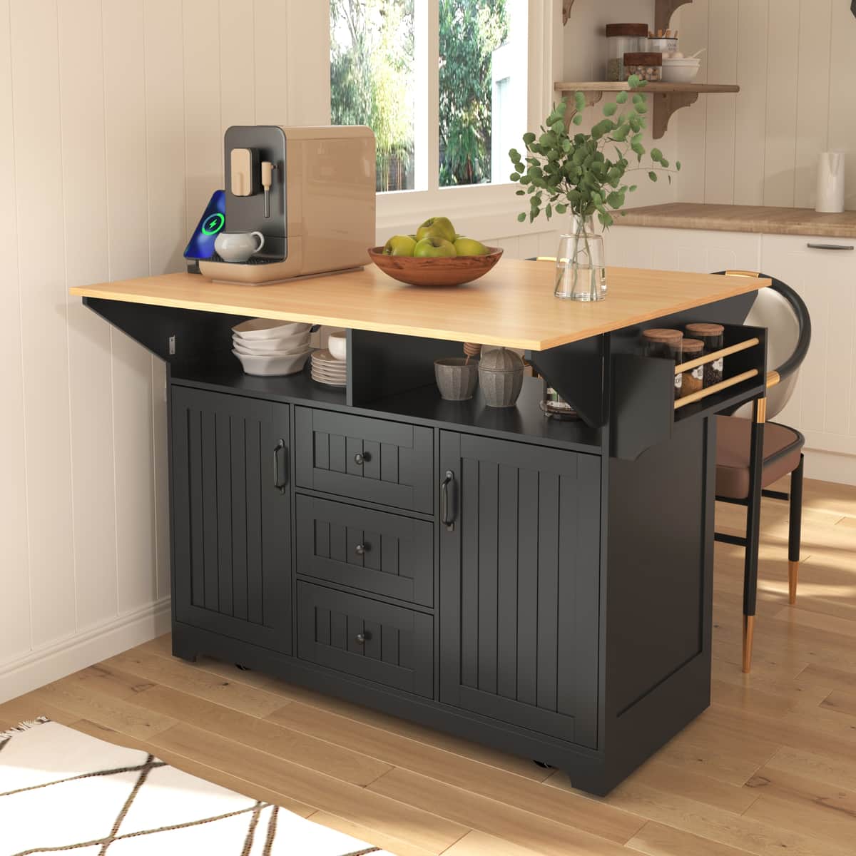 55.7'' Large Kitchen Island with 2 Drop Leaf, Rolling Kitchen Cart on 5 Wheels