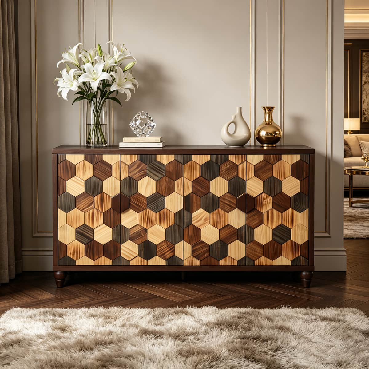 59.8" Sideboard With With Honeycomb Pattern, Modern Accent Cabinet