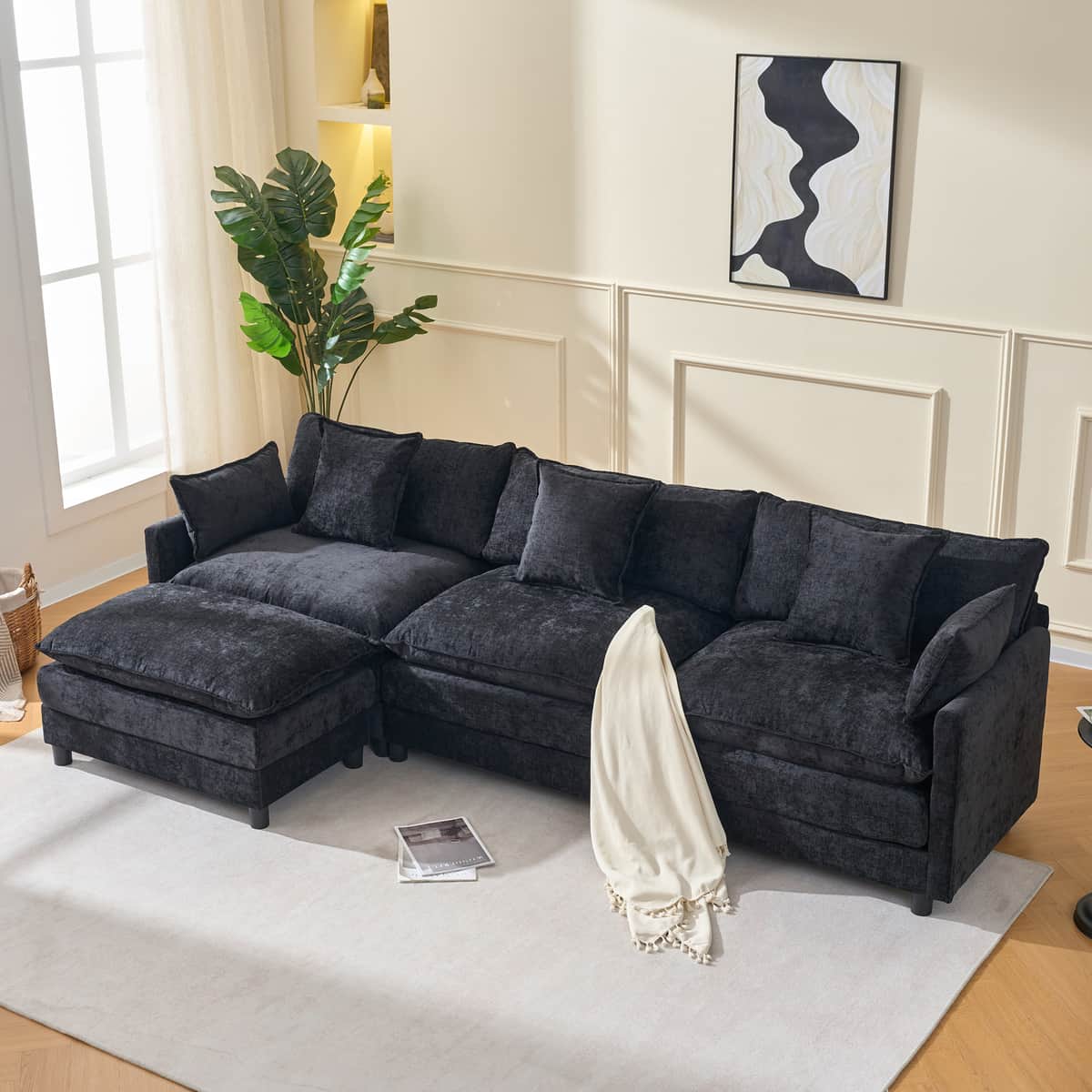 108" L Shaped Modern Sofa Modular Sectional Cloud Couch with Ottoman, 4-Seat