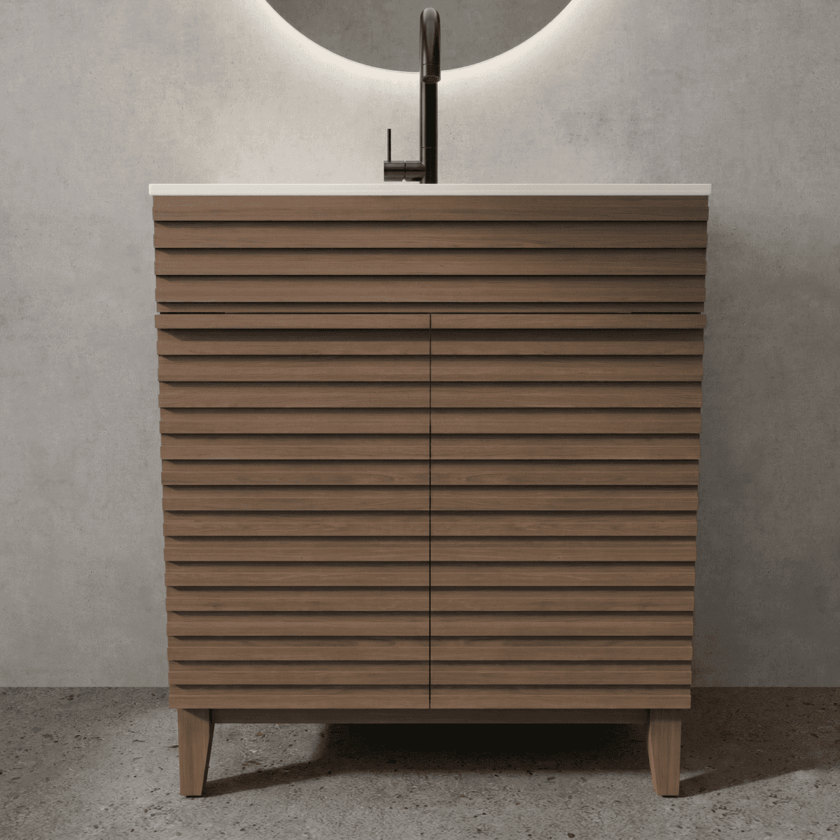 A 30-inch brown bathroom cabinet with a slatted horizontal pattern door, paired