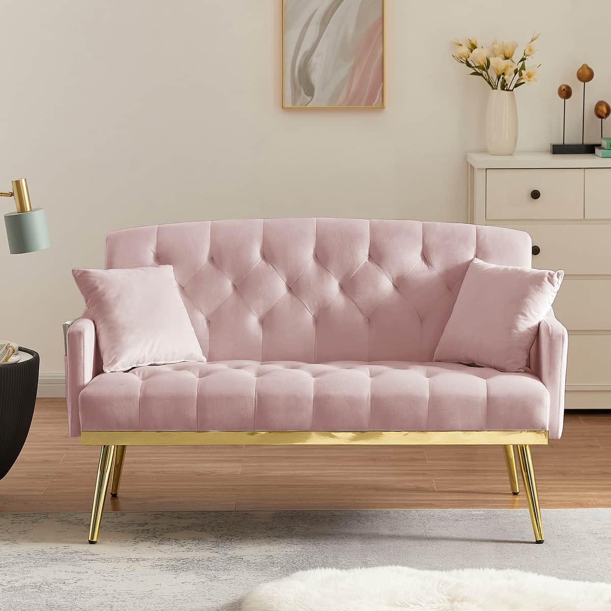 PINK Velvet Small Sofa with Gold Metal Legs
