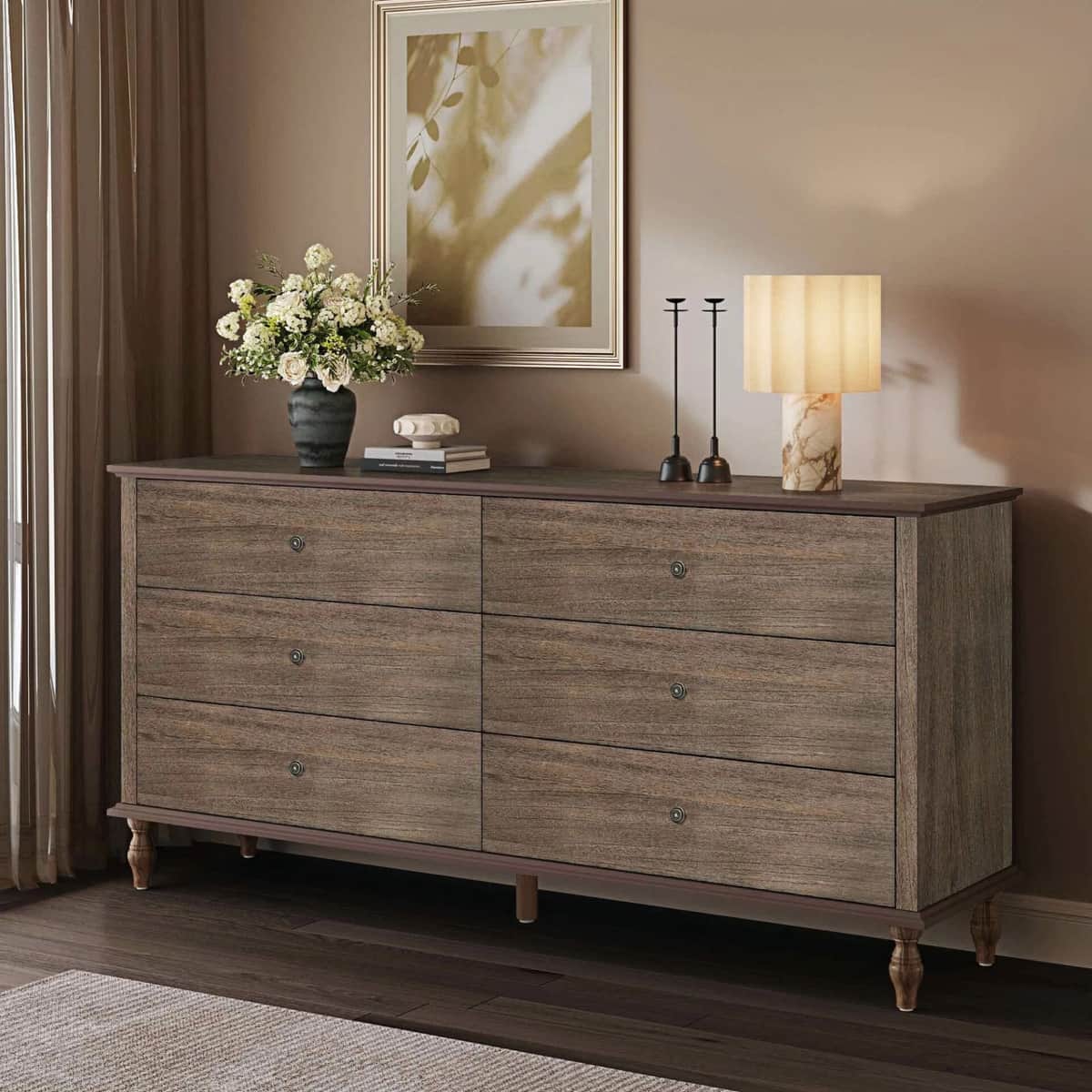 6-Drawer Double Wide Wood Dresser for Bedroom, Deep Brown Burnt Wood Finish