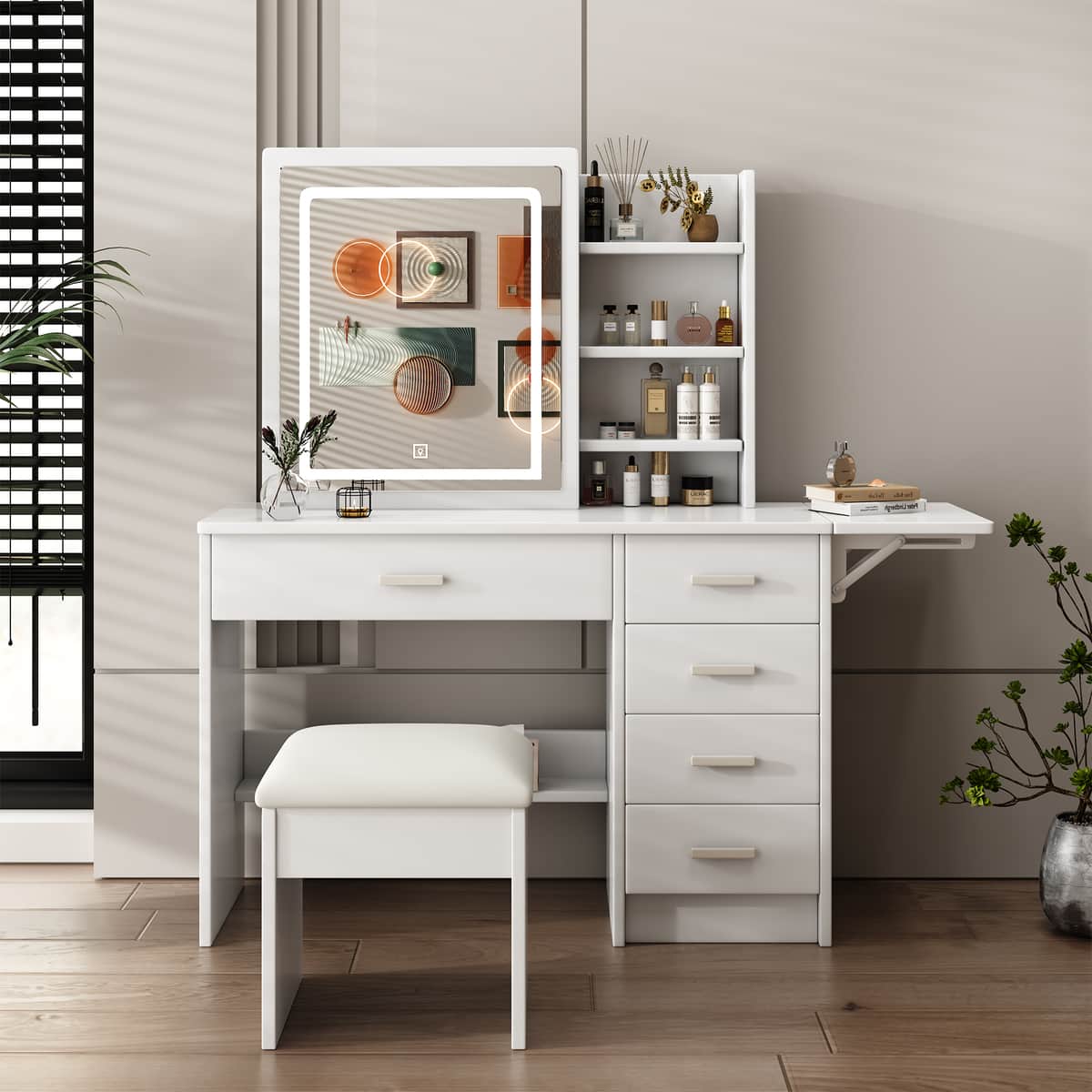 Fashion Vanity Desk with Mirror and Lights for Makeup with open shelves