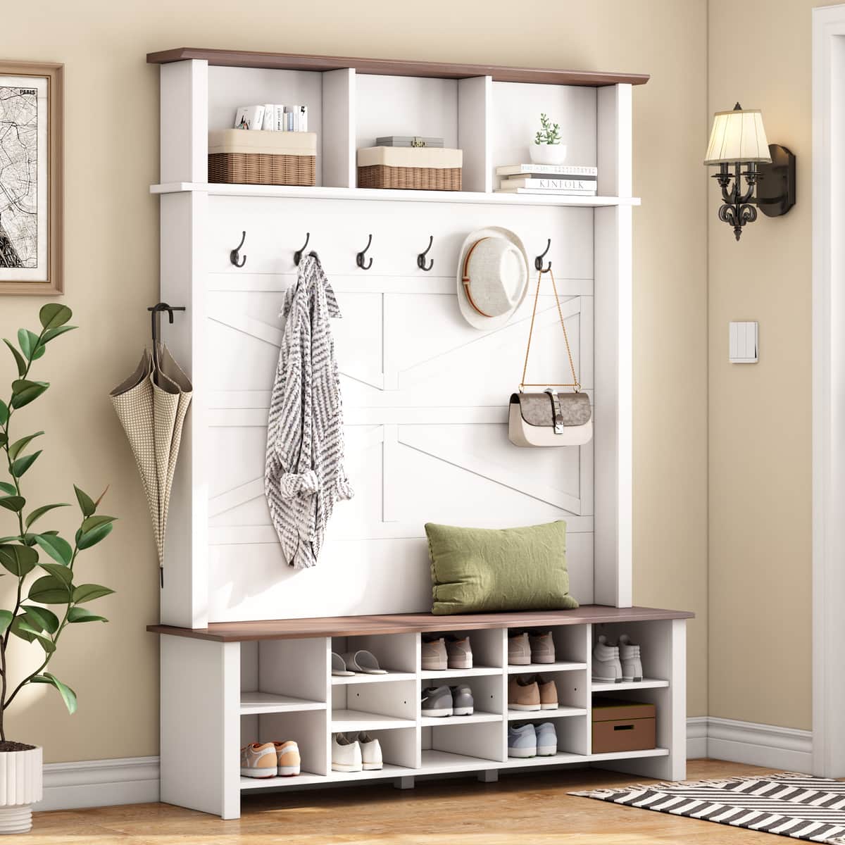 Farmhouse 4-in-1 Hall Tree with 6 Hooks, Walnut Entryway Bench with Shelves
