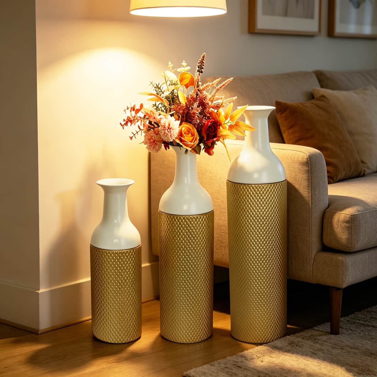 Decorative Metal Vases Set of 3, Gold Leaf Pattern Floor Vases, White & Gold