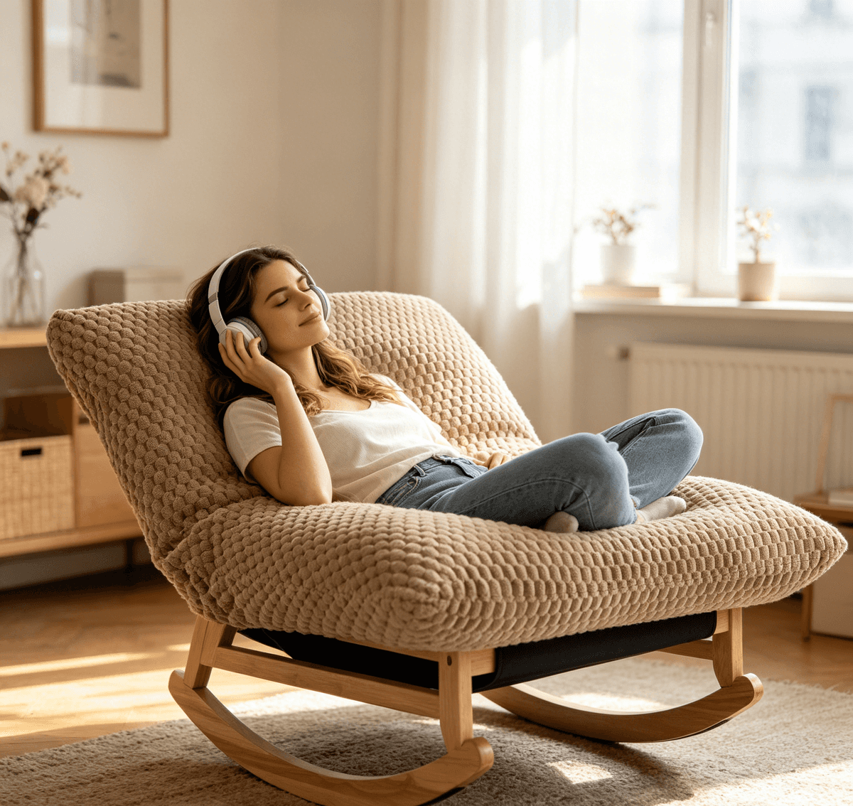 Bean bag rocking chair for Adults with Solid Wood Frame, Accent Armless Lazy