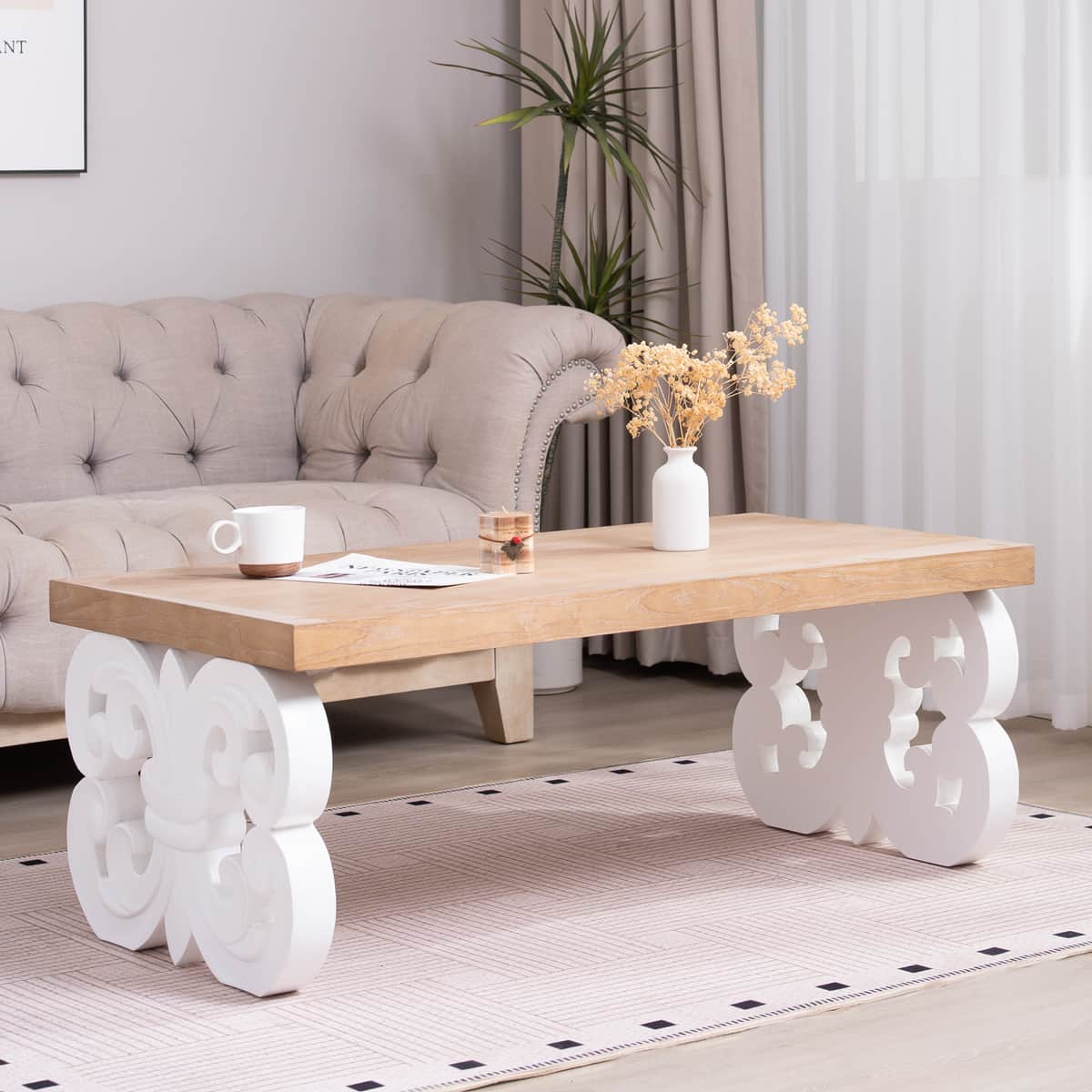 Ornate Wood Coffee Table – 47" Rectangular Farmhouse Style Table with White
