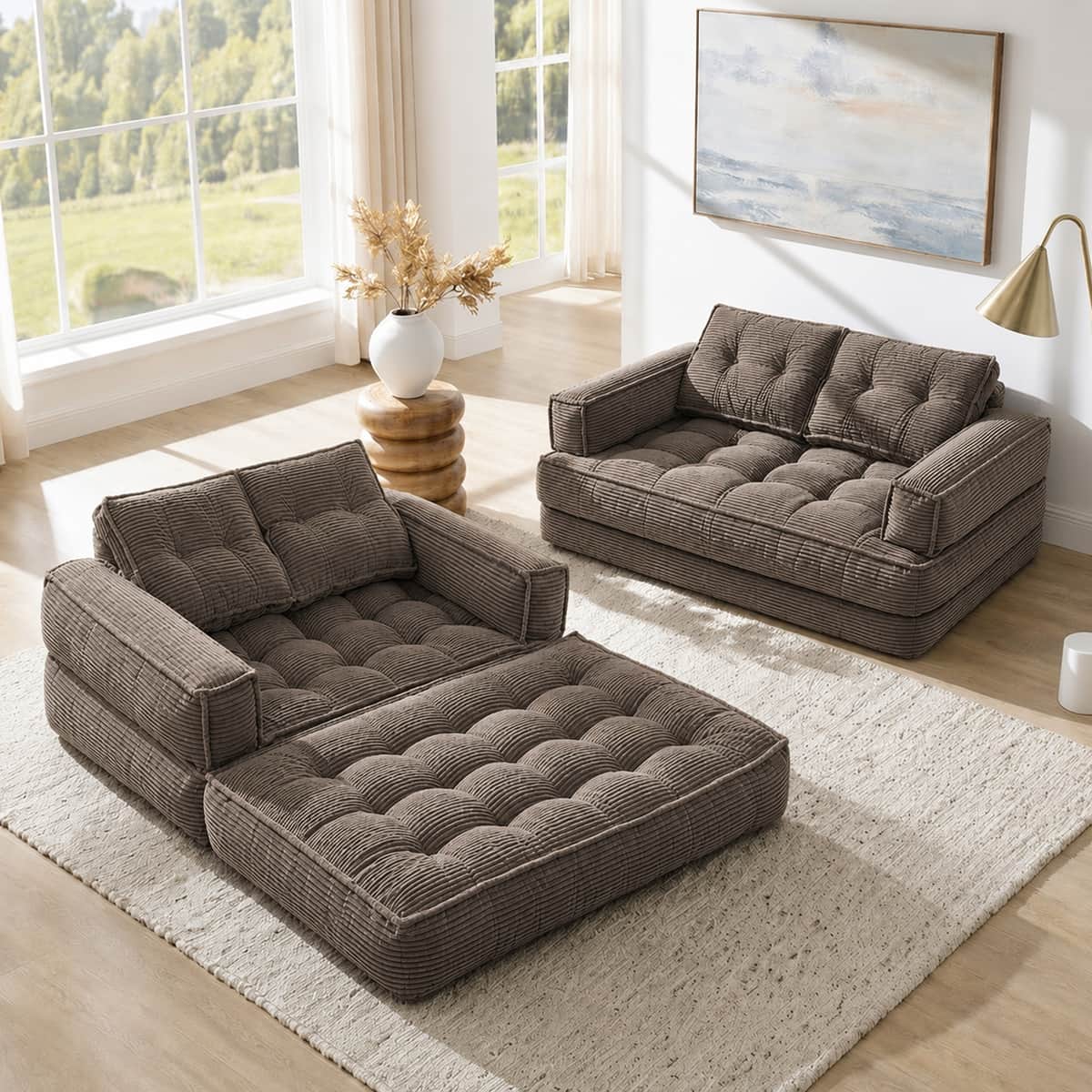 51.18 Inch 2-Seater Modular Corduroy Sofa with Chaise Lounge, Coffee, 2-in-1