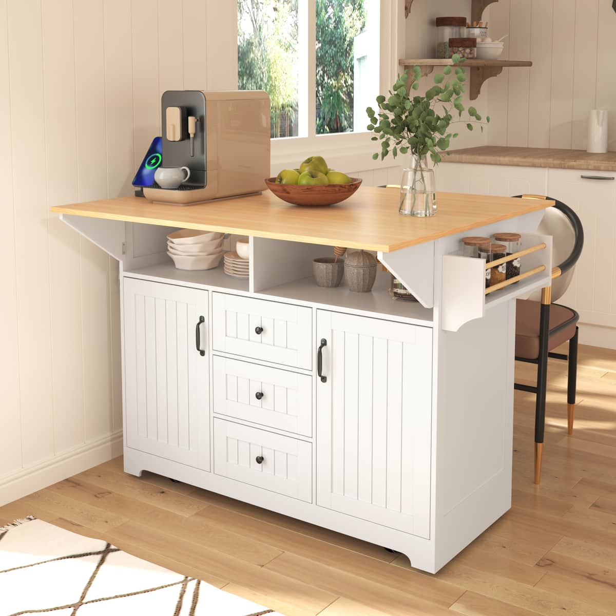 55.7'' Large Kitchen Island with 2 Drop Leaf, Rolling Kitchen Cart on 5 Wheels