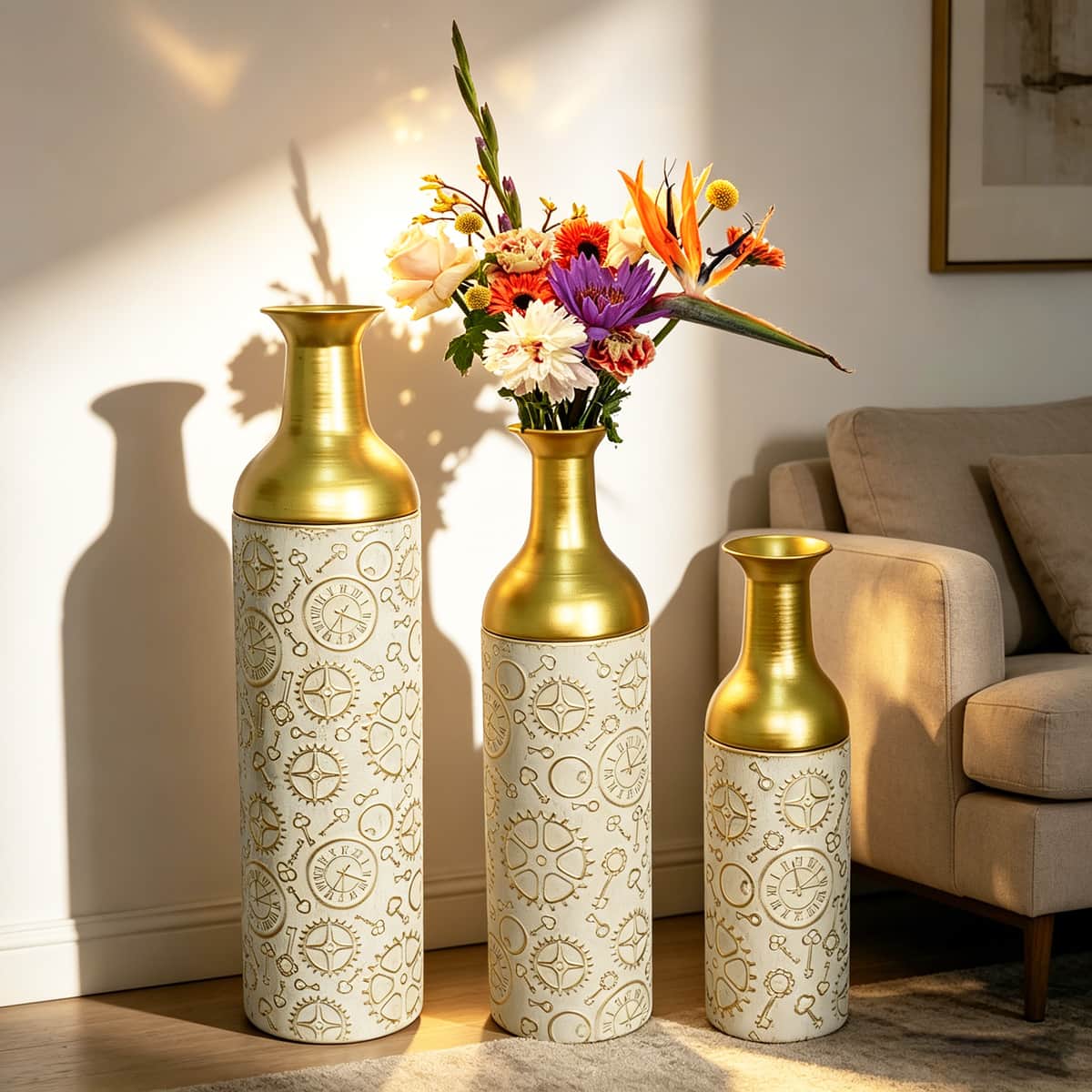 Decorative Metal Vases Set of 3, antique Antique White and gold Leaf Pattern