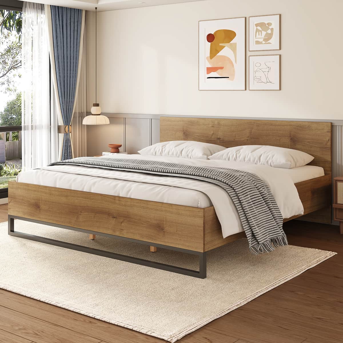 ENGINEERED WOOD BED FRAME KING SIZE, NATURAL & BLACK COLOR
