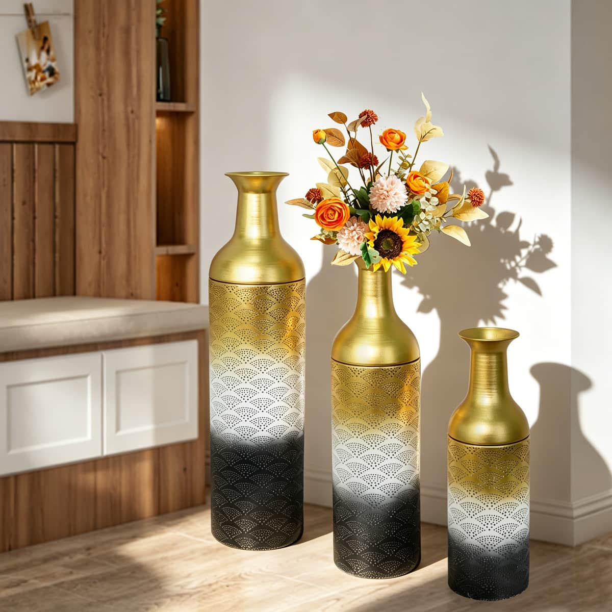 Decorative Metal Vases Set of 3, Leaf Pattern Floor Vases, White & Gold & black