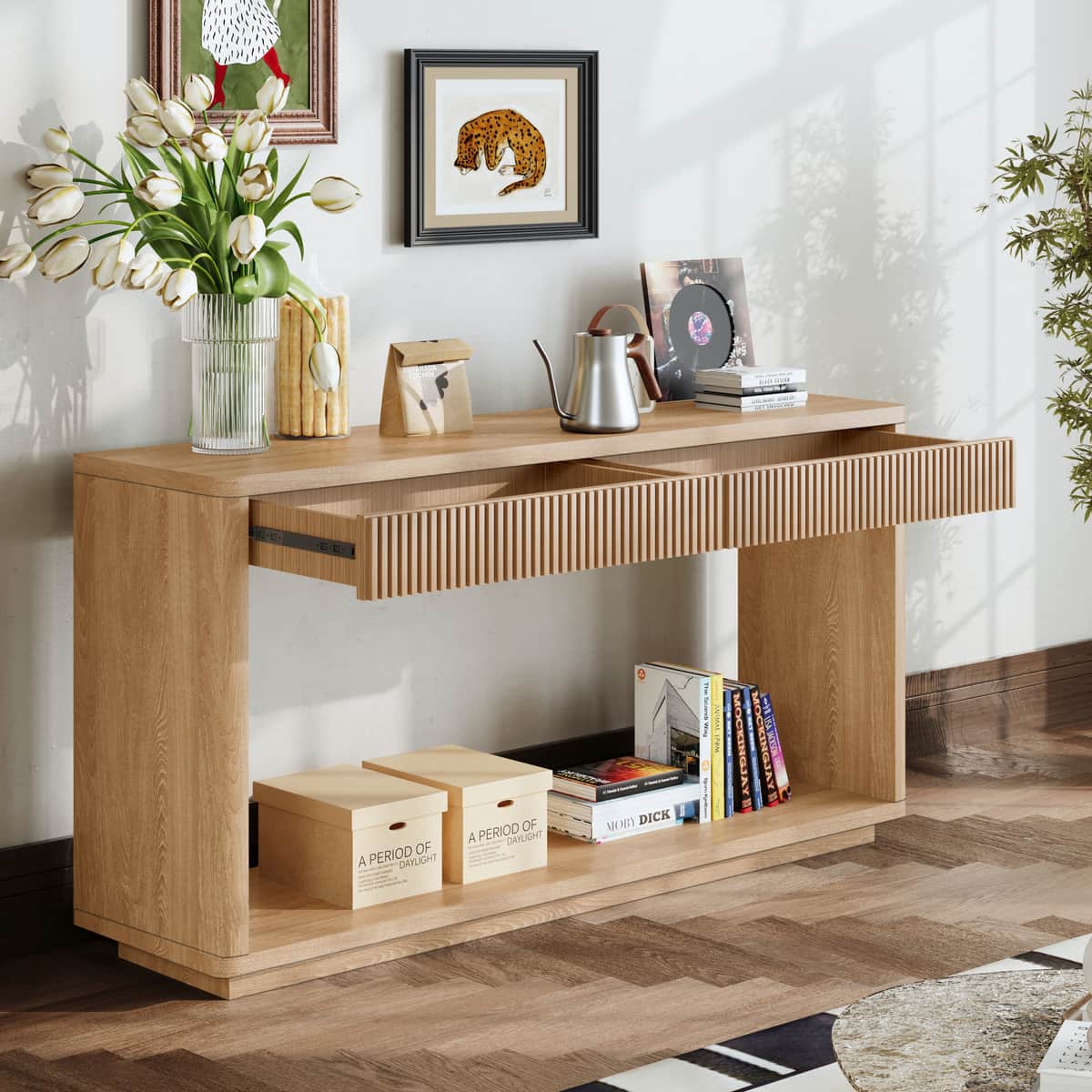 60" Modern 2-Drawer Fluted Console Table Natural Wood Veneer Sofa Table Behind