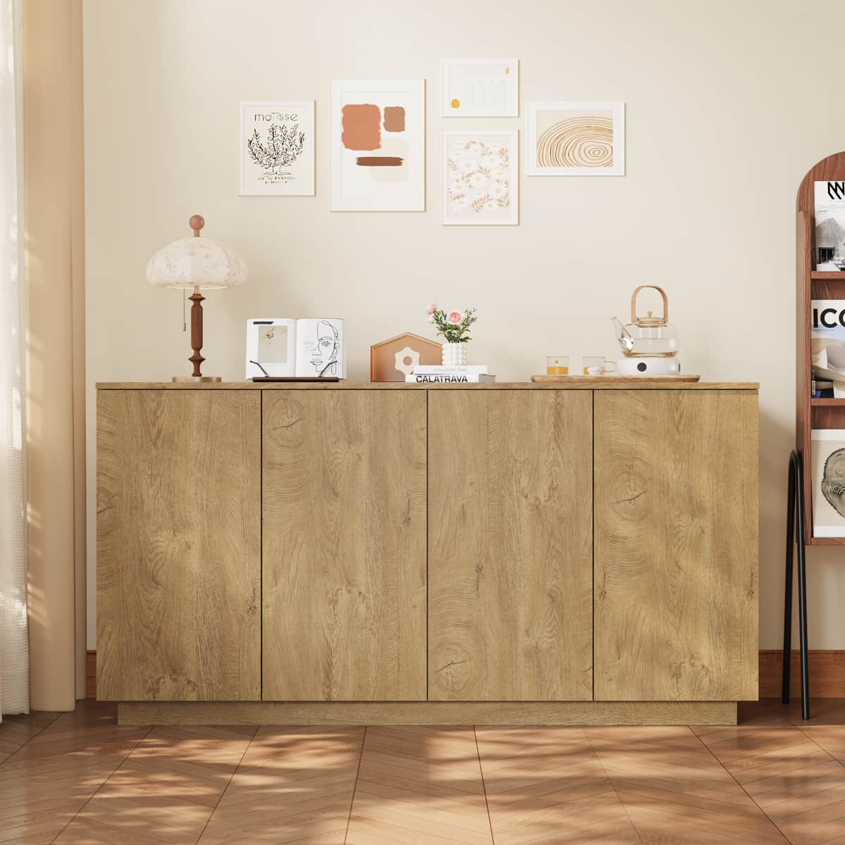 Wood Sideboard Buffet Cabinet, Natural 4-Door Storage Credenza with Adjustable