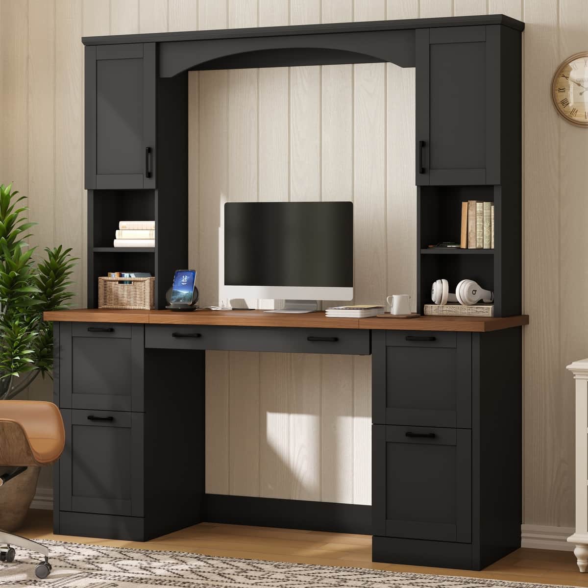 ON-TREND Farmhouse Arched Computer Desk with Hutch, Mid-Century Walnut Home