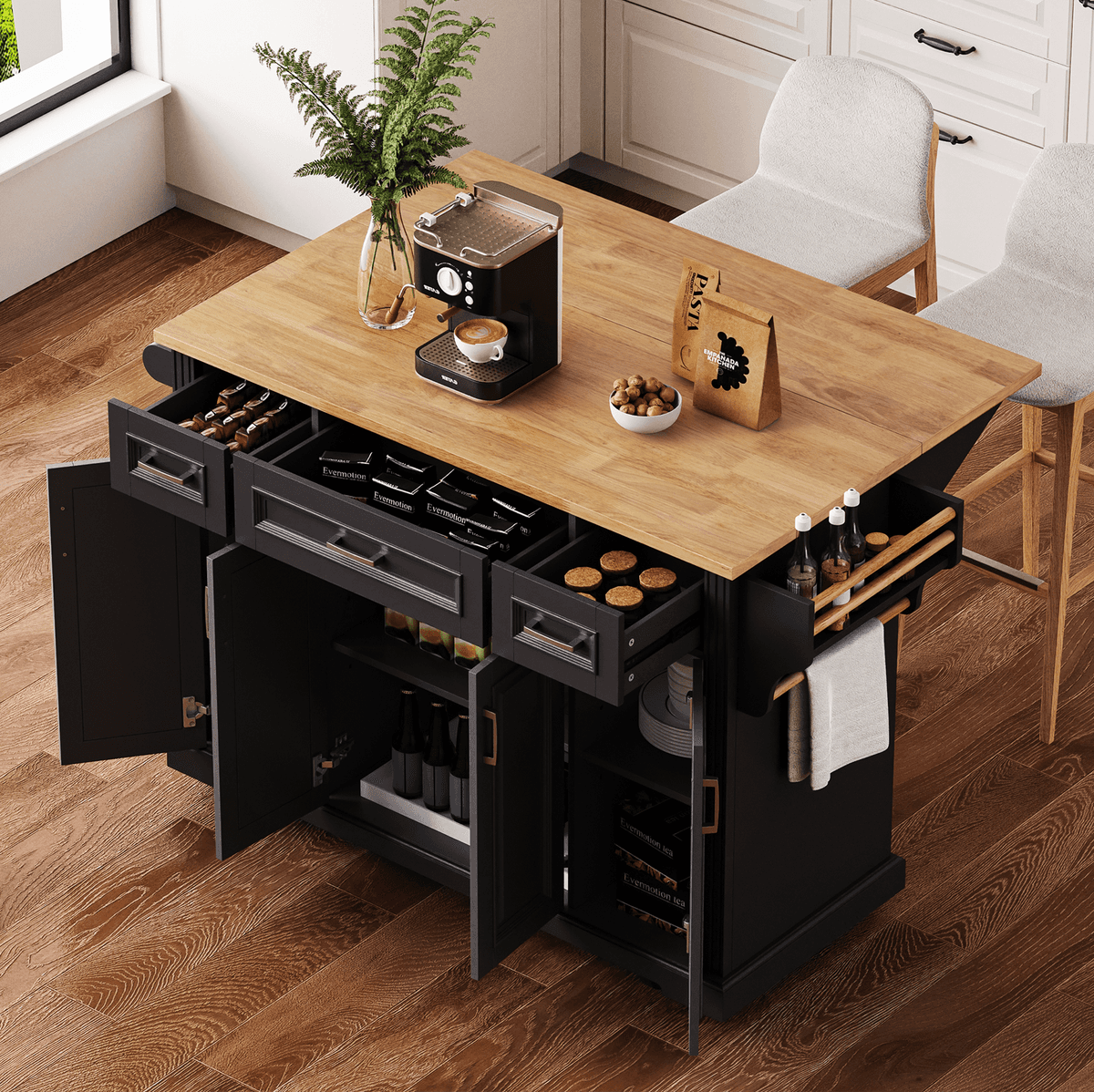 54inch Large Kitchen Island with Rubber Wood Drop Leaf, Embossed Texture