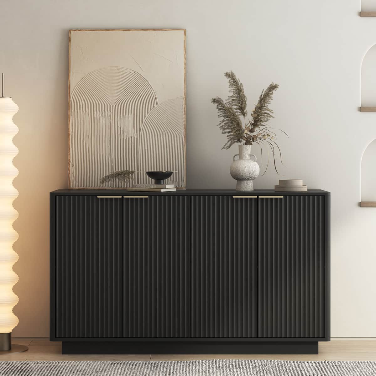 Black Modern Buffet Cabinet with Storage, Fluted Sideboard Large Buffet
