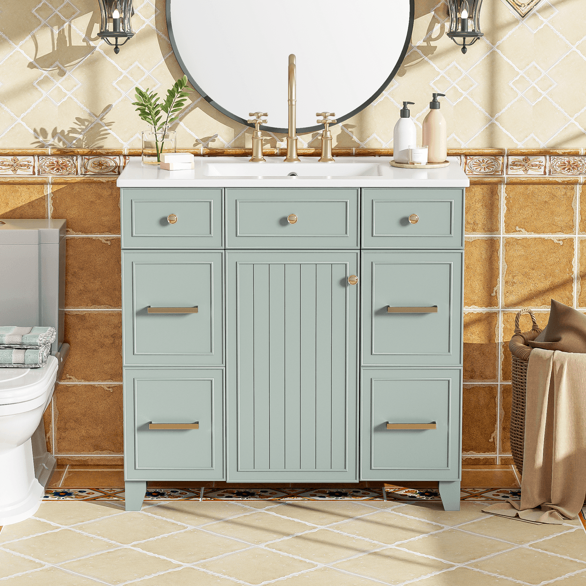 36" Bathroom Vanity with Ceramic Sink, Green, Solid Wood Frame, Soft Close