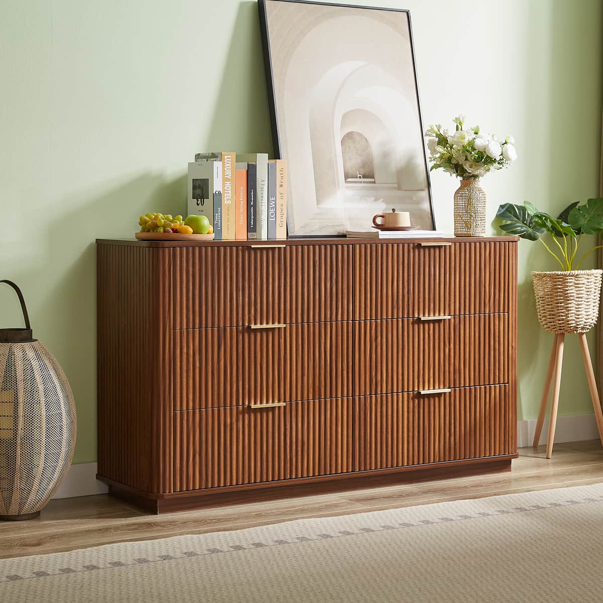 6 Drawers Dresser, 55" Wide Modern Chest of Drawers Curved wave Design, Dresser