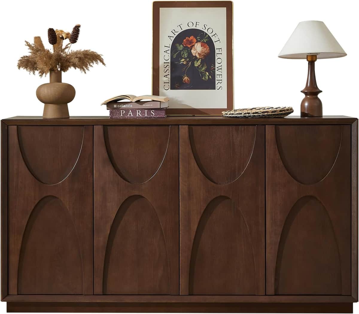 4 Door Accent Cabinet with Solid Wood Carved Doors, Adjustable Shelves, Push