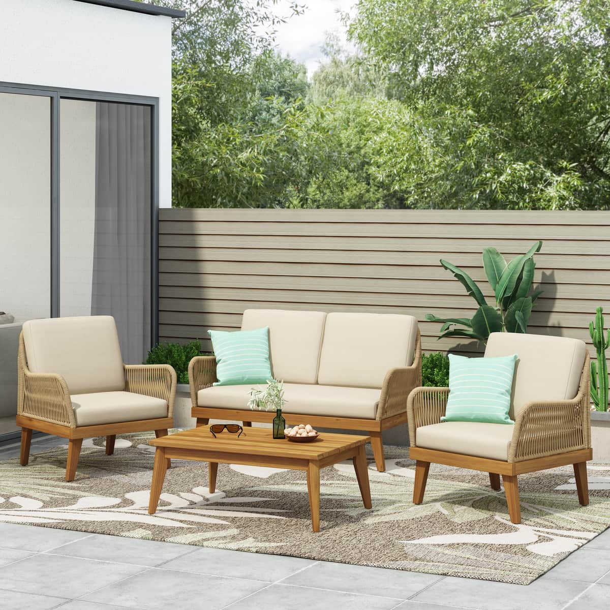 Outdoor 4-Piece Acacia Wood Chat Set with Rope, 1 loveseat and 2 club chairs