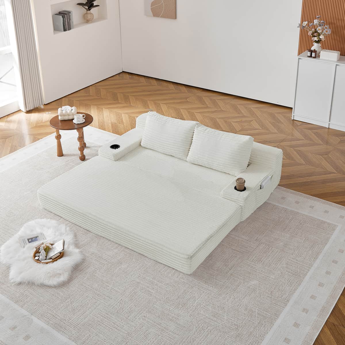 70.8-inch corduroy two-in-one sofa bed, featuring a lounge chair with two throw