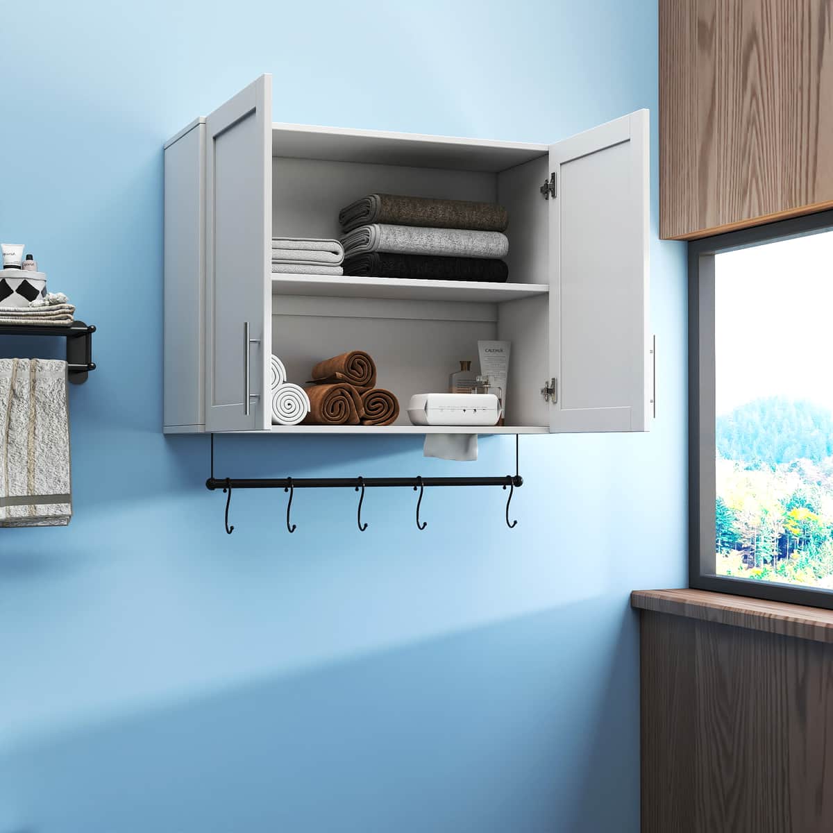 Bathroom Wall Cabinet with Adjustable Shelf, Towel Bar, 5 Hooks, Over
