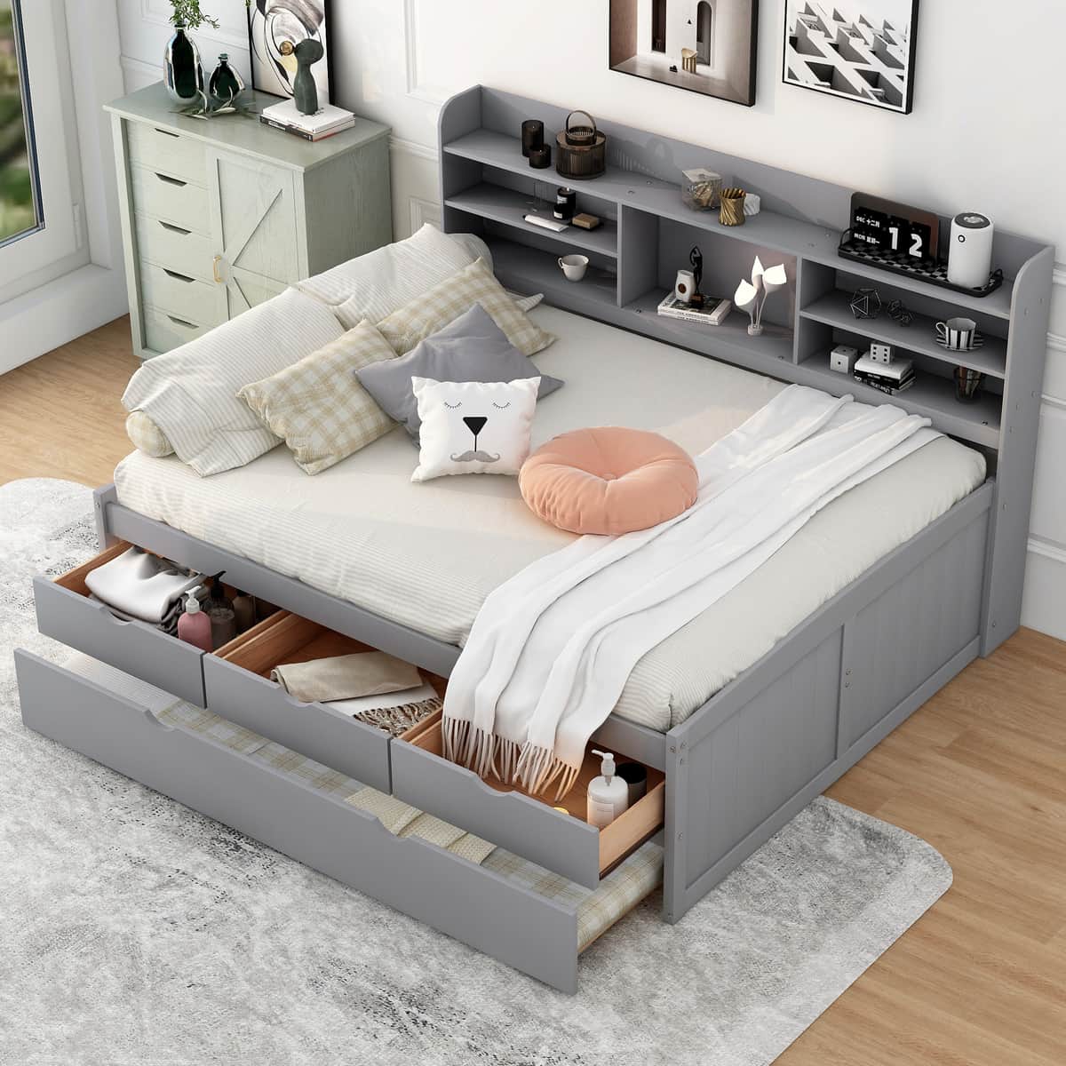 Full Size Wooden Captain Bed with Built-in