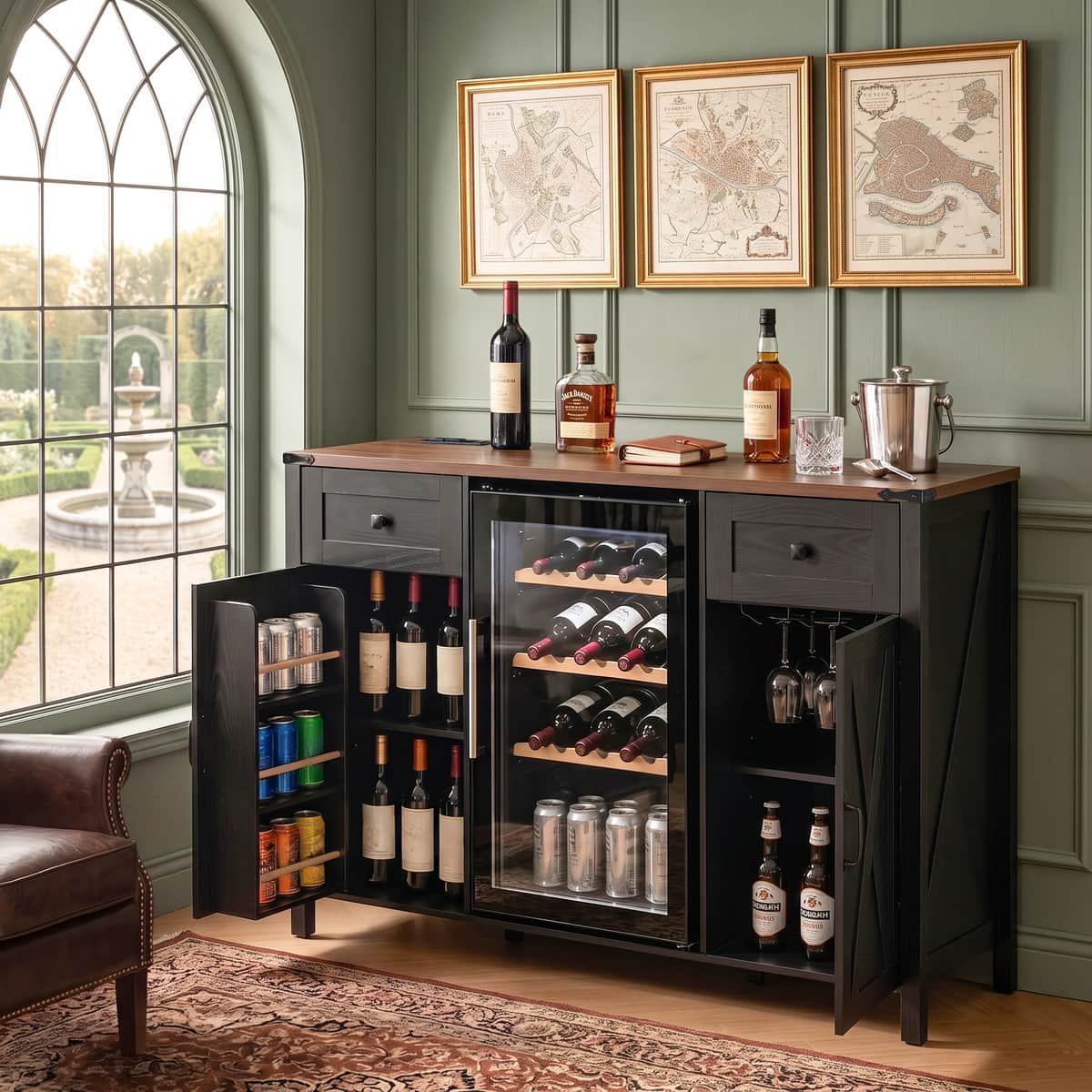53.2" Farmhouse Fridge Cabinet with Power Outlet, Coffee Bar Cabinet
