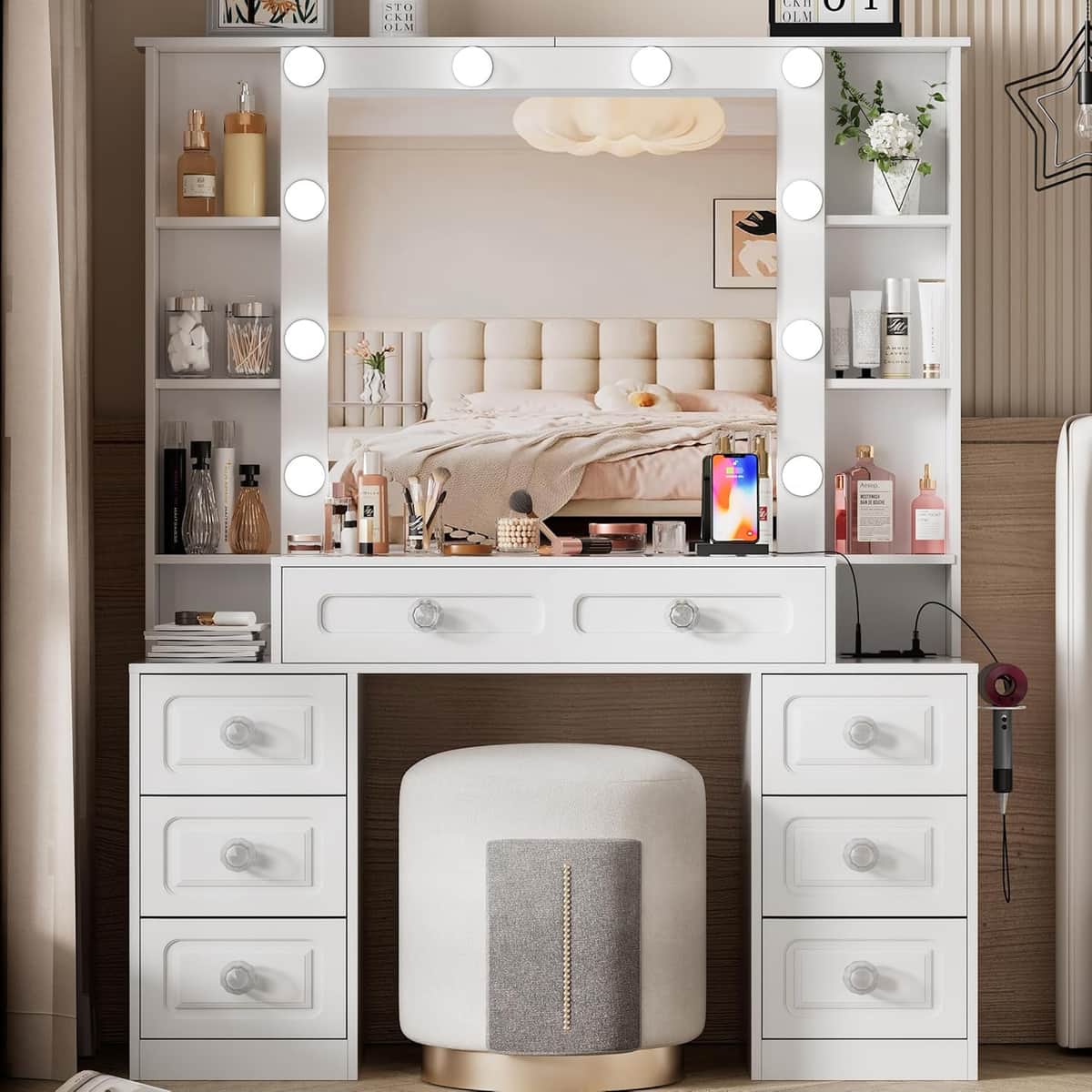 Vanity Desk with Mirror and Lights, Makeup Vanity Table with Lighted Mirror