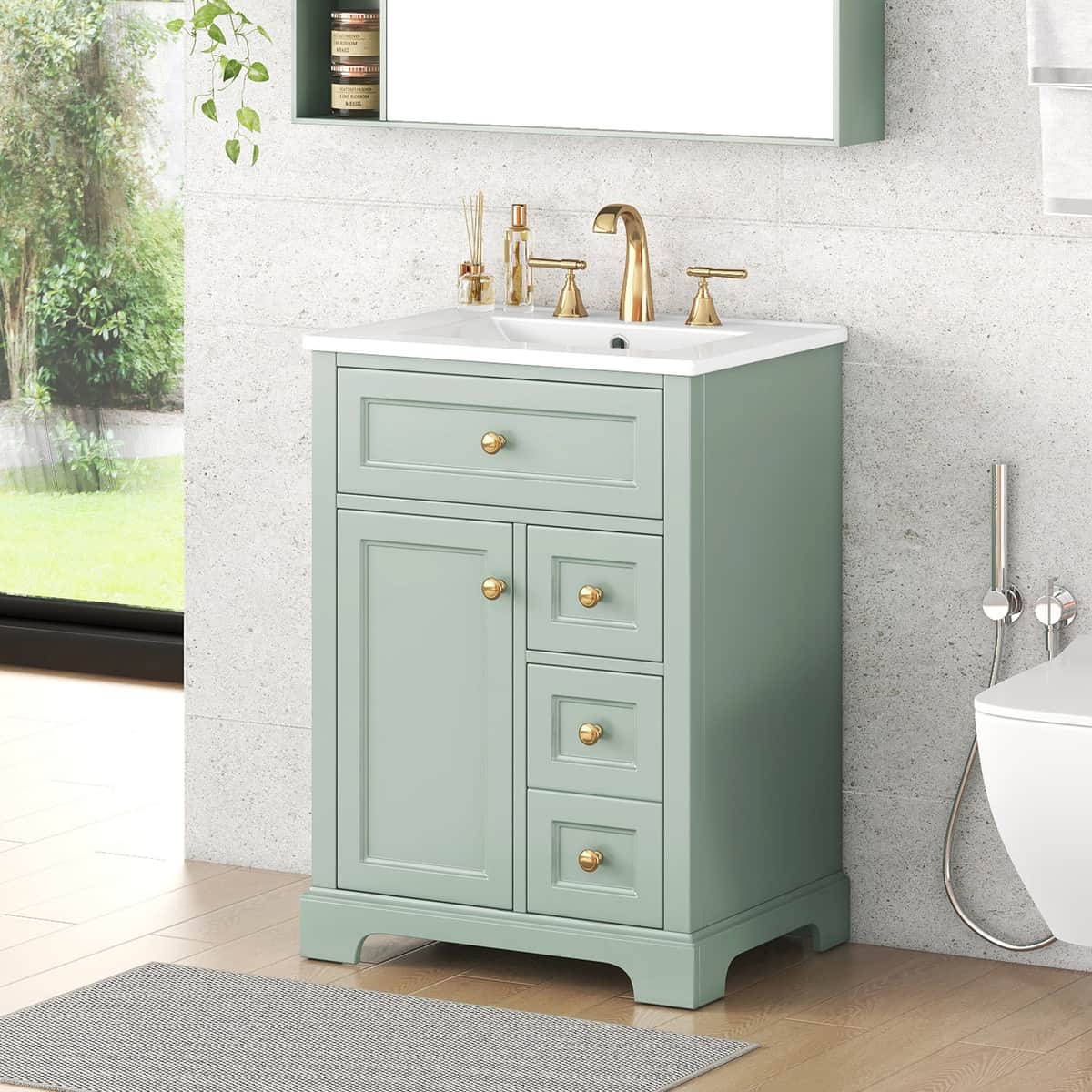 "24'' Green Bathroom Vanity with Sink, MDF & Pinewood Construction, 3 Drawers