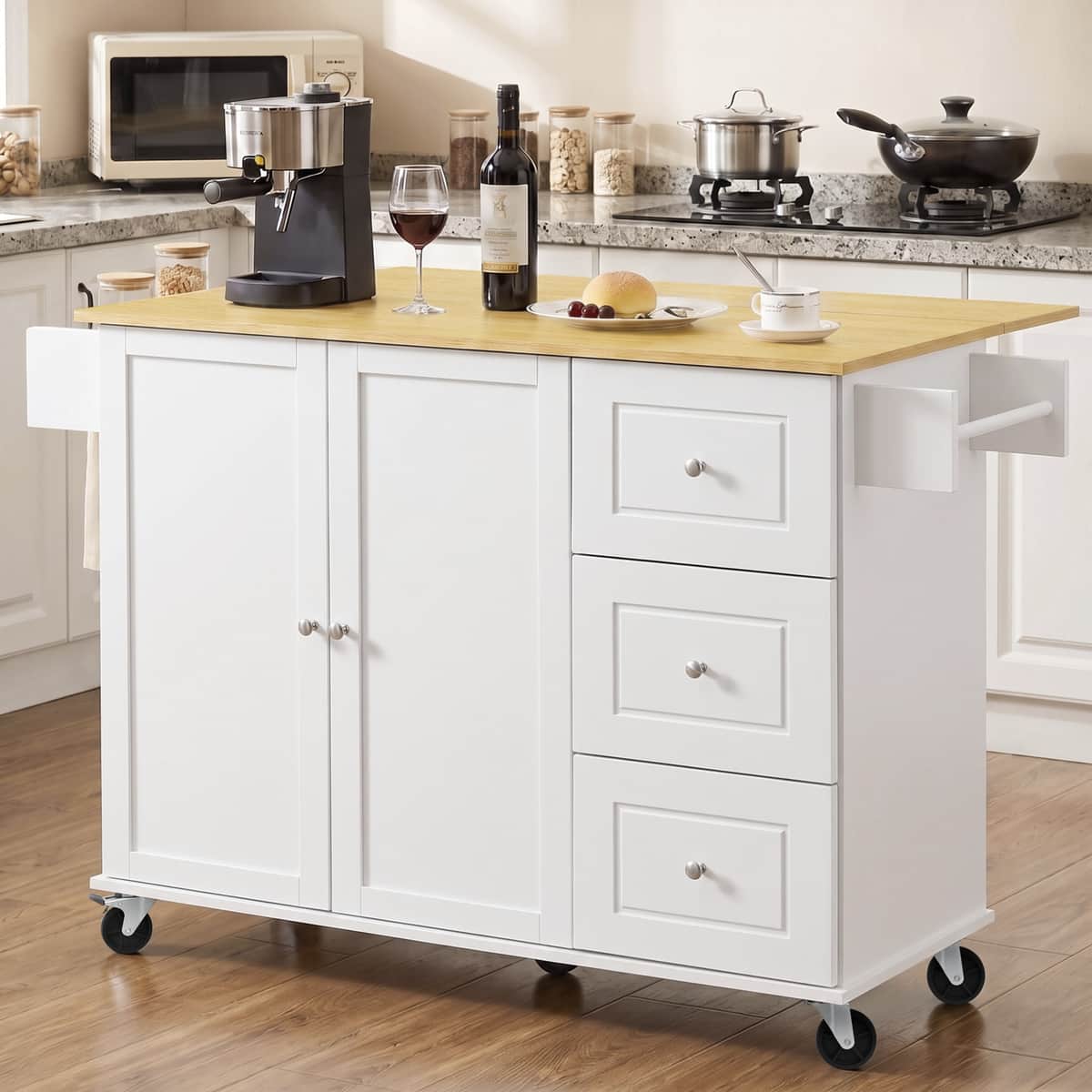 52.7" Kitchen Island with Storage & Drop Leaf, Rolling Kitchen Island Cart