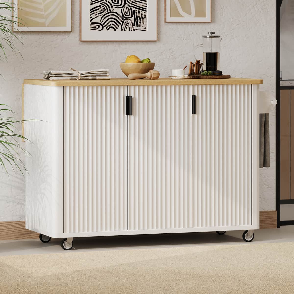 51" Fluted Kitchen Island with Drop Leaf, Farmhouse Accent Kitchen Island