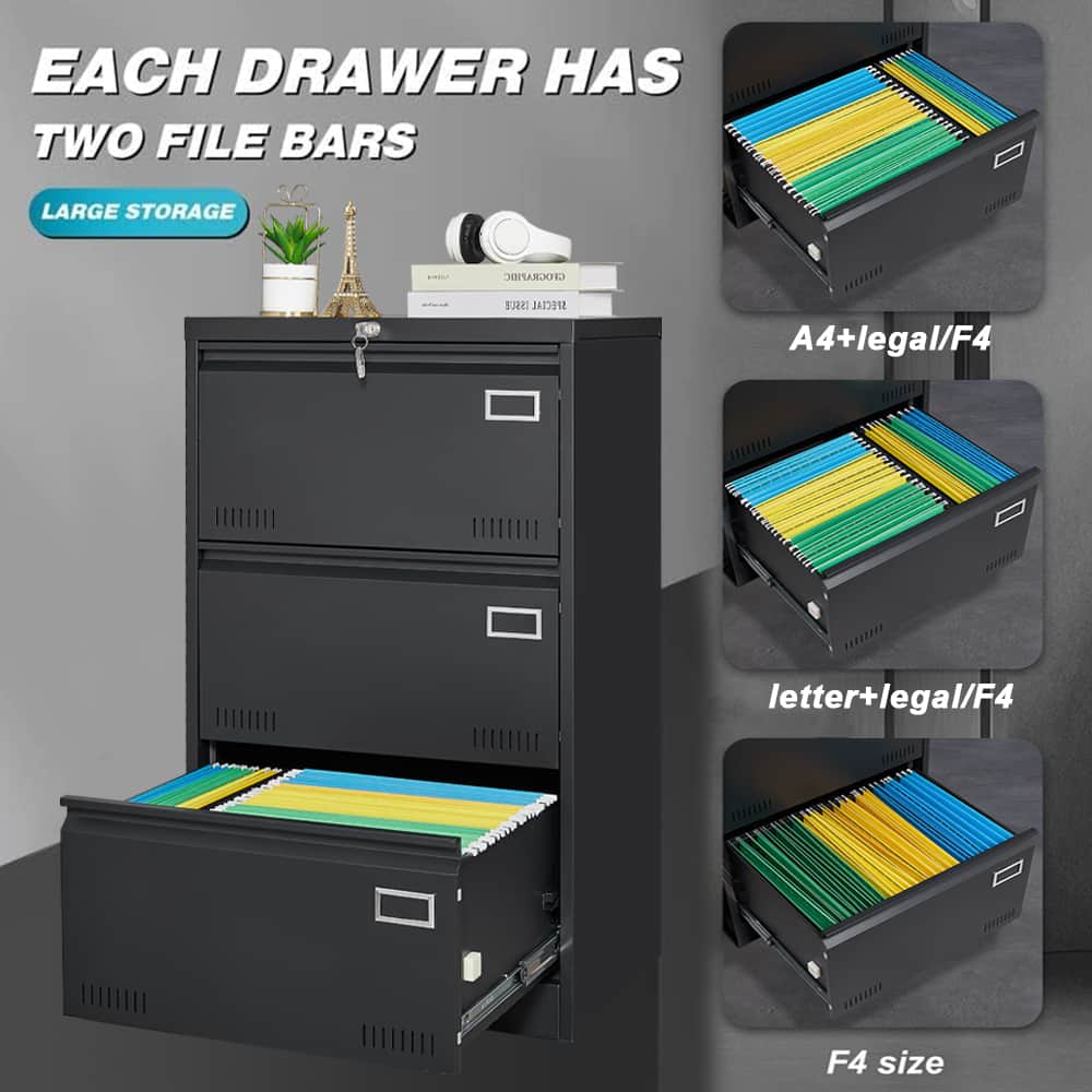 Filing Cabinet Lateral File Cabinet 3 Drawer, Blcak Locking Metal File Cabinets