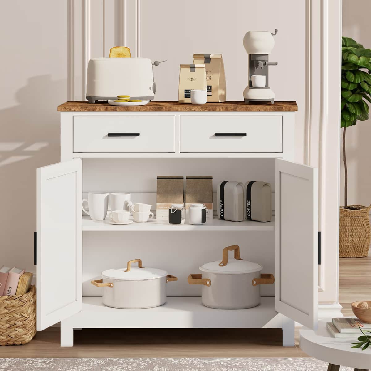Kitchen Storage Cabinet, Modern Farmhouse Buffet Cabinet with Storage, Coffee