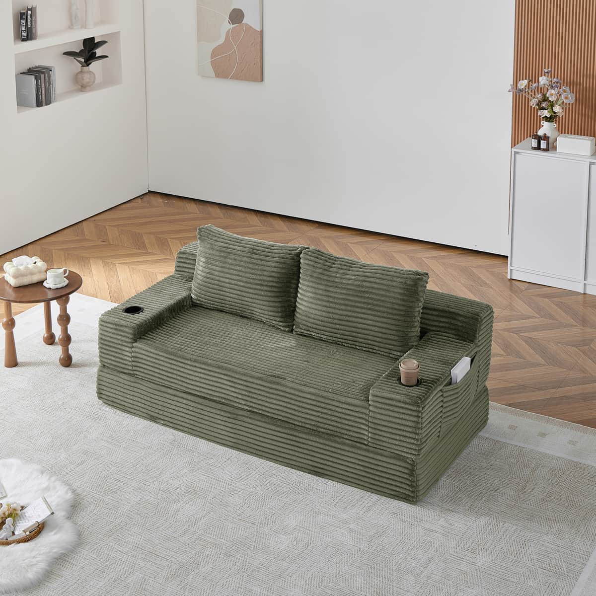 70.8-inch corduroy two-in-one sofa bed, featuring a lounge chair with two throw