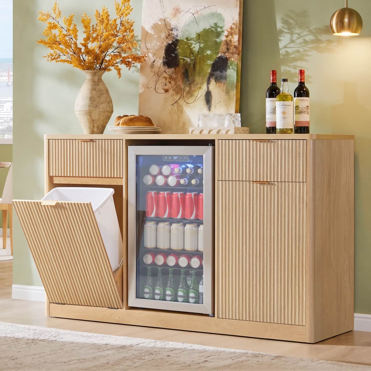 59" Coffee Bar Cabinet with Fridge Space & Tilt-Out Trash Cabinet, Mini Fridge