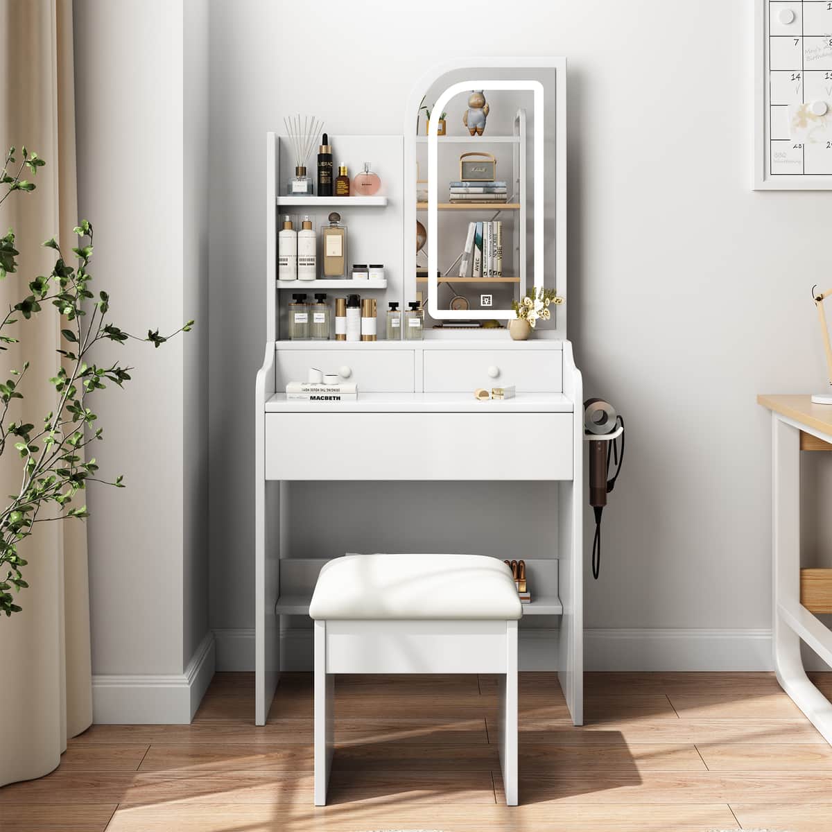 Fashion Vanity Desk with Mirror and Lights for Makeup with hair dryer holder