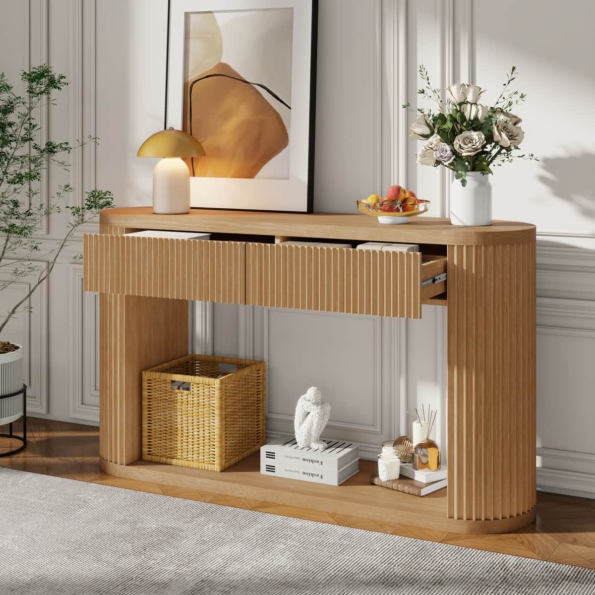Oval Fluted Console Table with 2 Drawers and Bottom Shelf, Wood Entryway Table