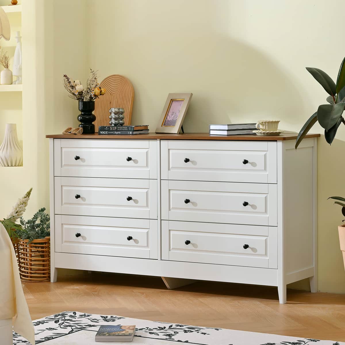 White Dresser for Bedroom, 6 Drawer Dresser with Wide Drawer and Metal Handles