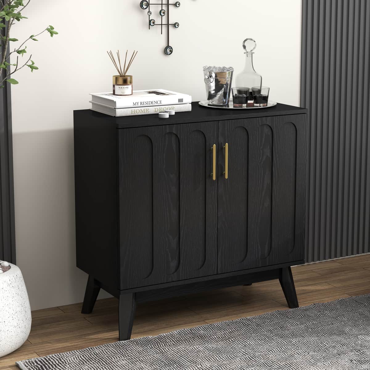Mid Century Modern Fluted Sideboard Cabinet with Adjustable Shelves & Solid