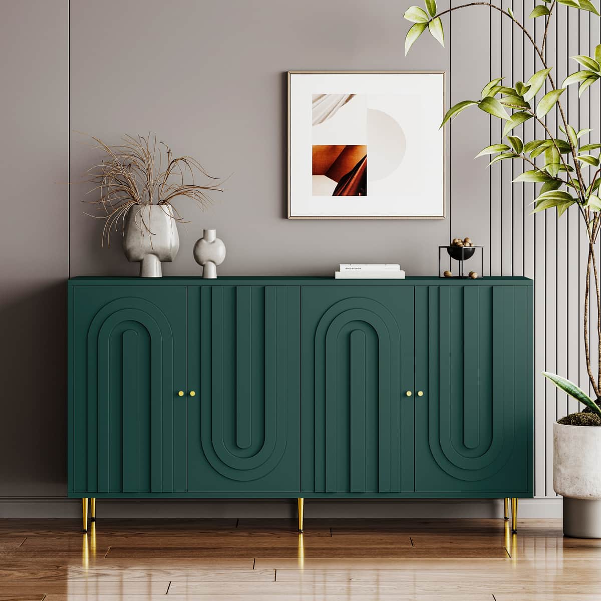 Modern Green Lacquered 4 Door Wooden Cabinet Sideboard