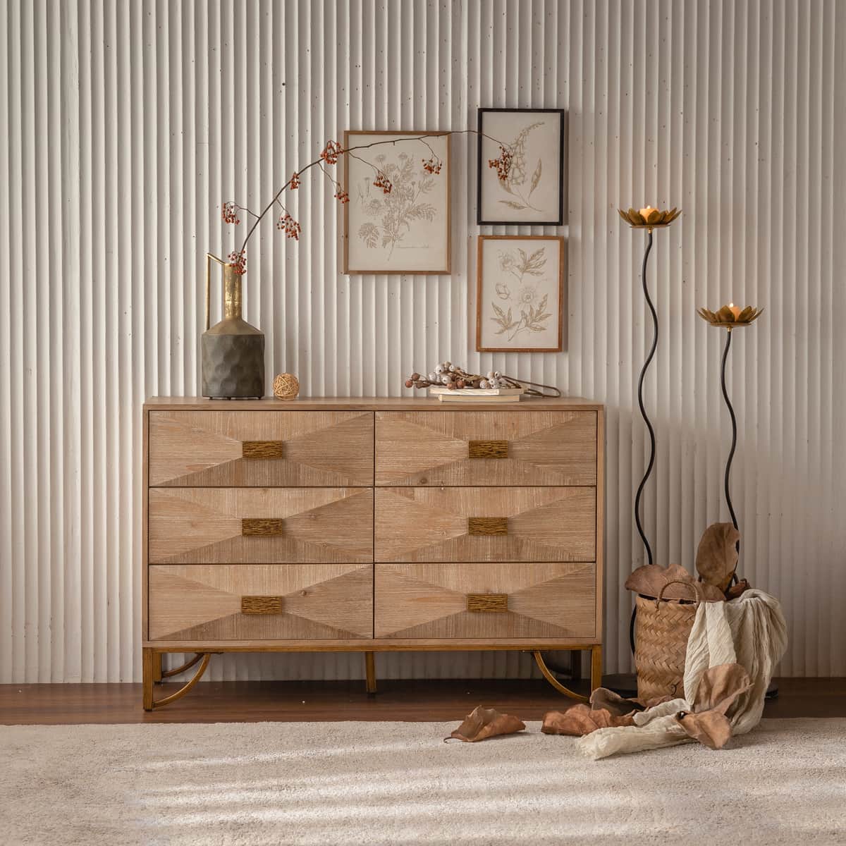 47.24" Light Wood 6-Drawer Dresser - Geometric Relief Chest of Drawers