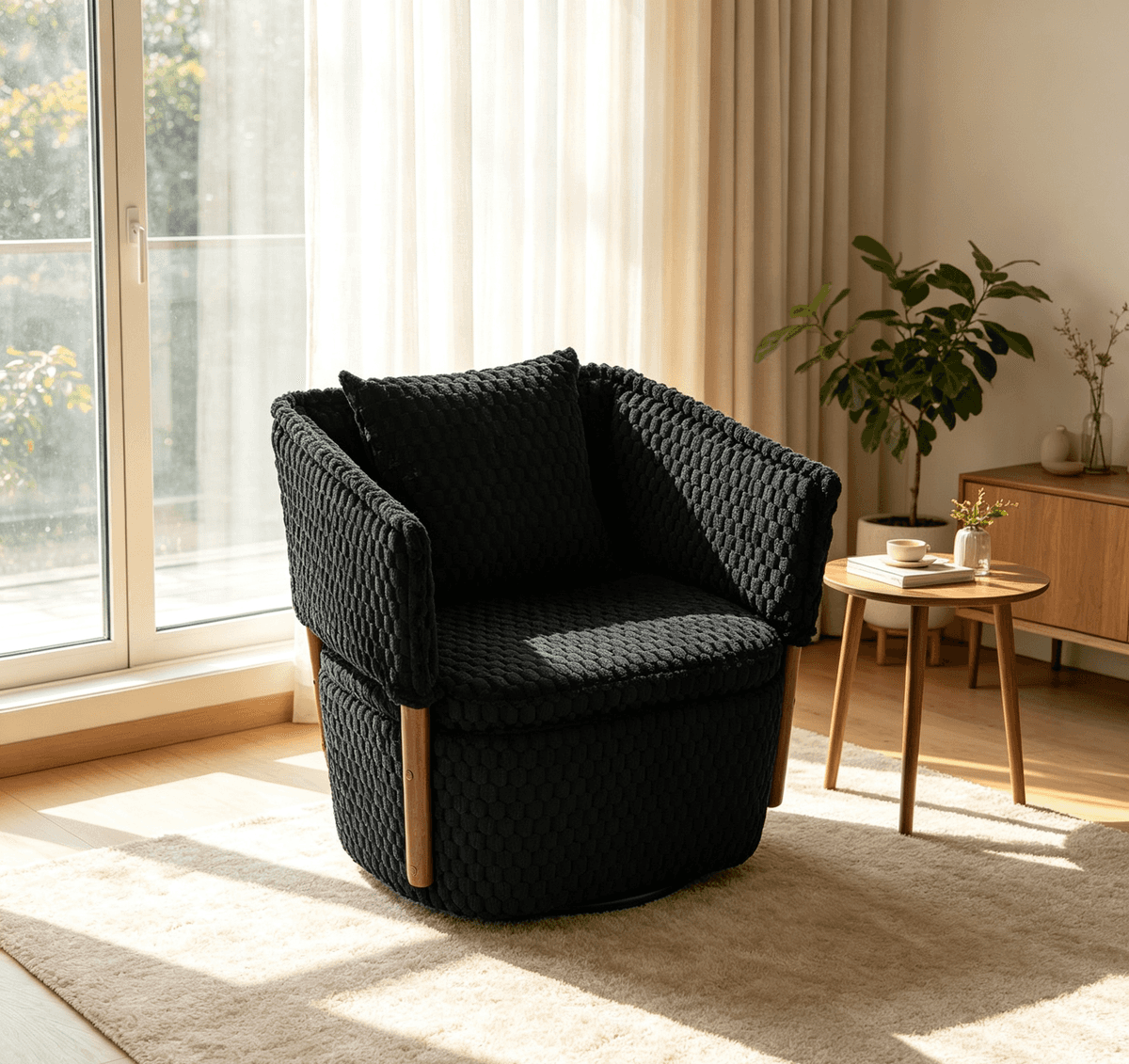 Mid Century Modern Accent Chair with Solid Wood Frame, Upholstered, Swivel