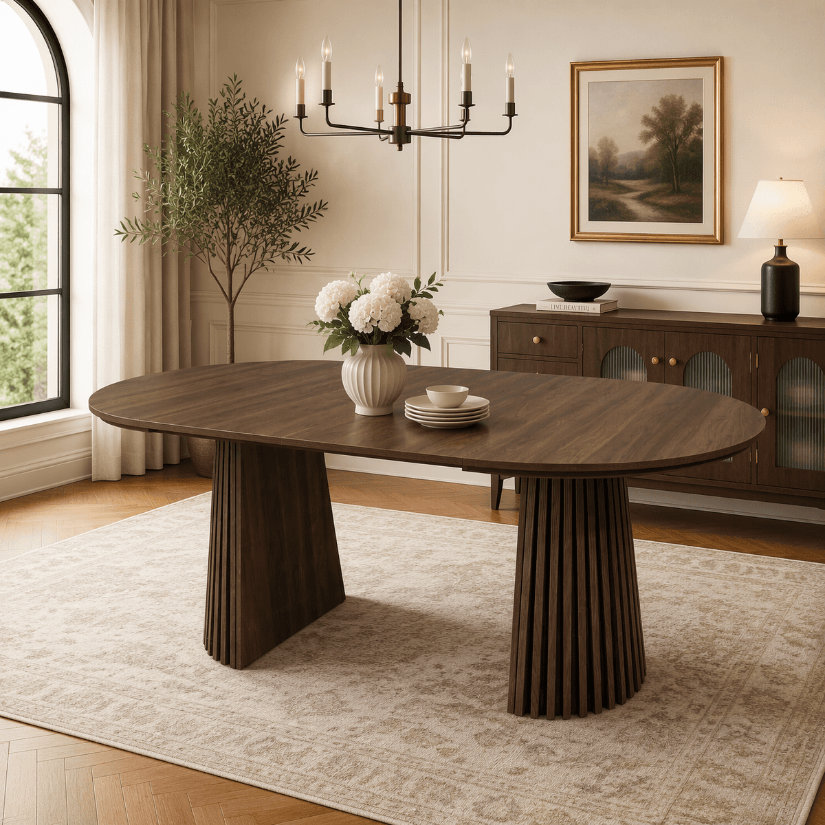 Walnut-colored wooden Dining Table, Flexible and Extendable, Modern Style