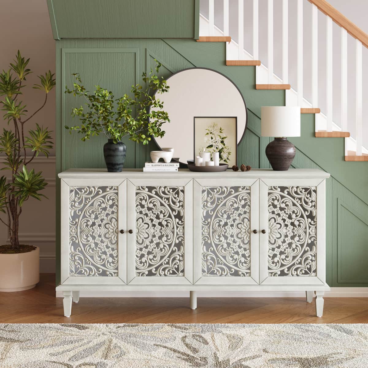 60" Antique Buffet Cabinet with Floral Carvings with