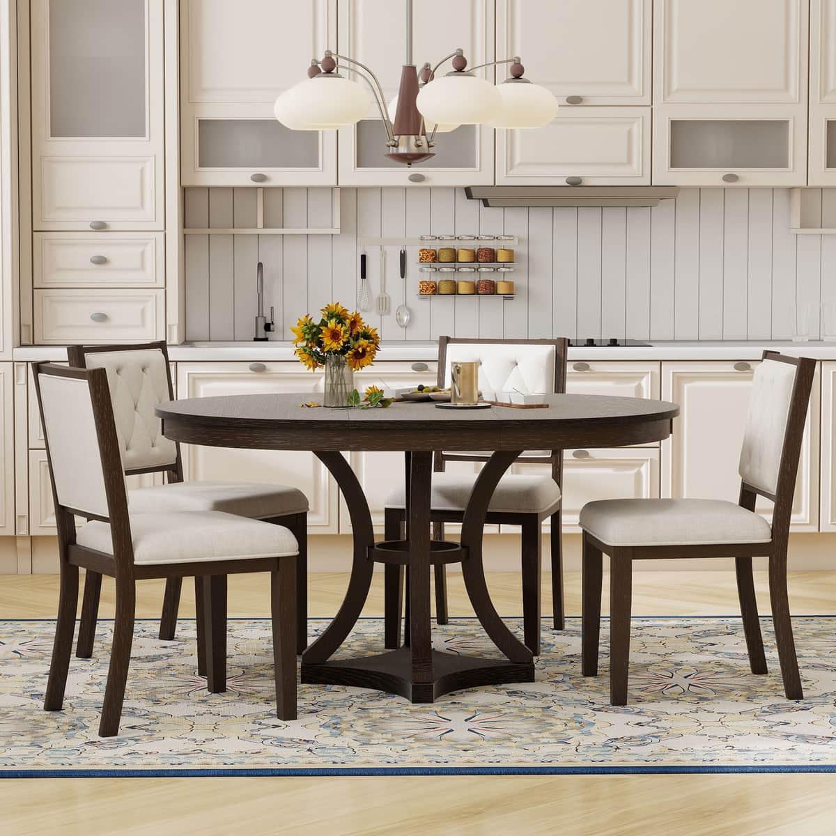 5-Piece Retro Functional Dining Table Set Extendable