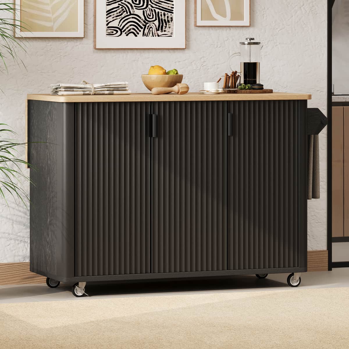 51" Fluted Kitchen Island with Drop Leaf, Farmhouse Accent Kitchen Island