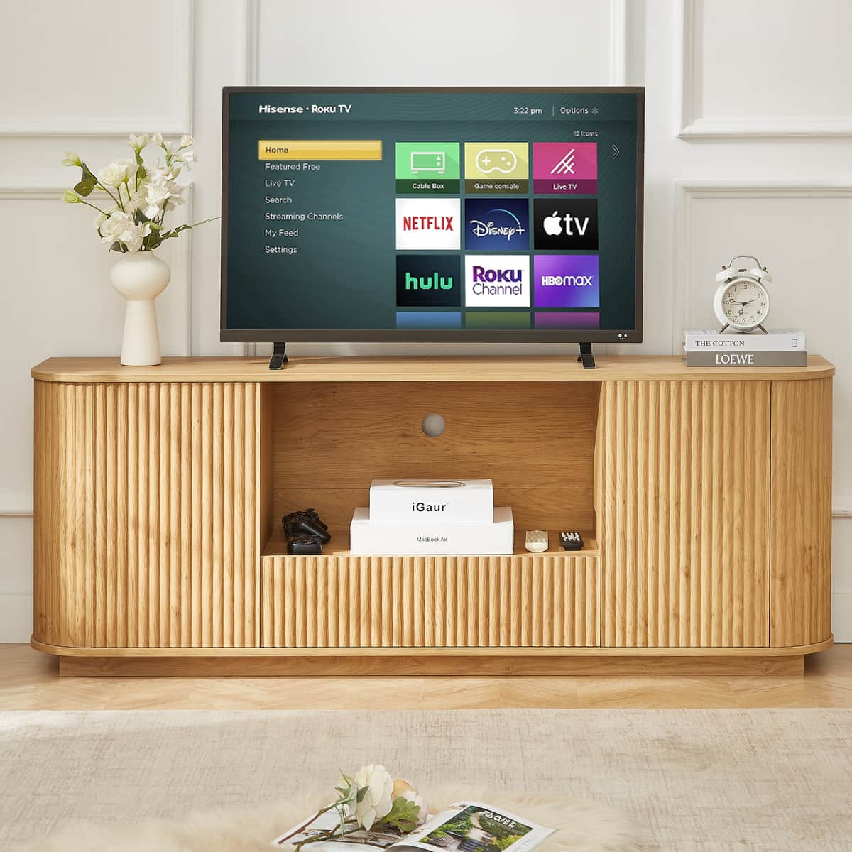 64-Inch Wavy TV Stand, Rounded Sideboard, Storage Cabinet, Wooden Vertical