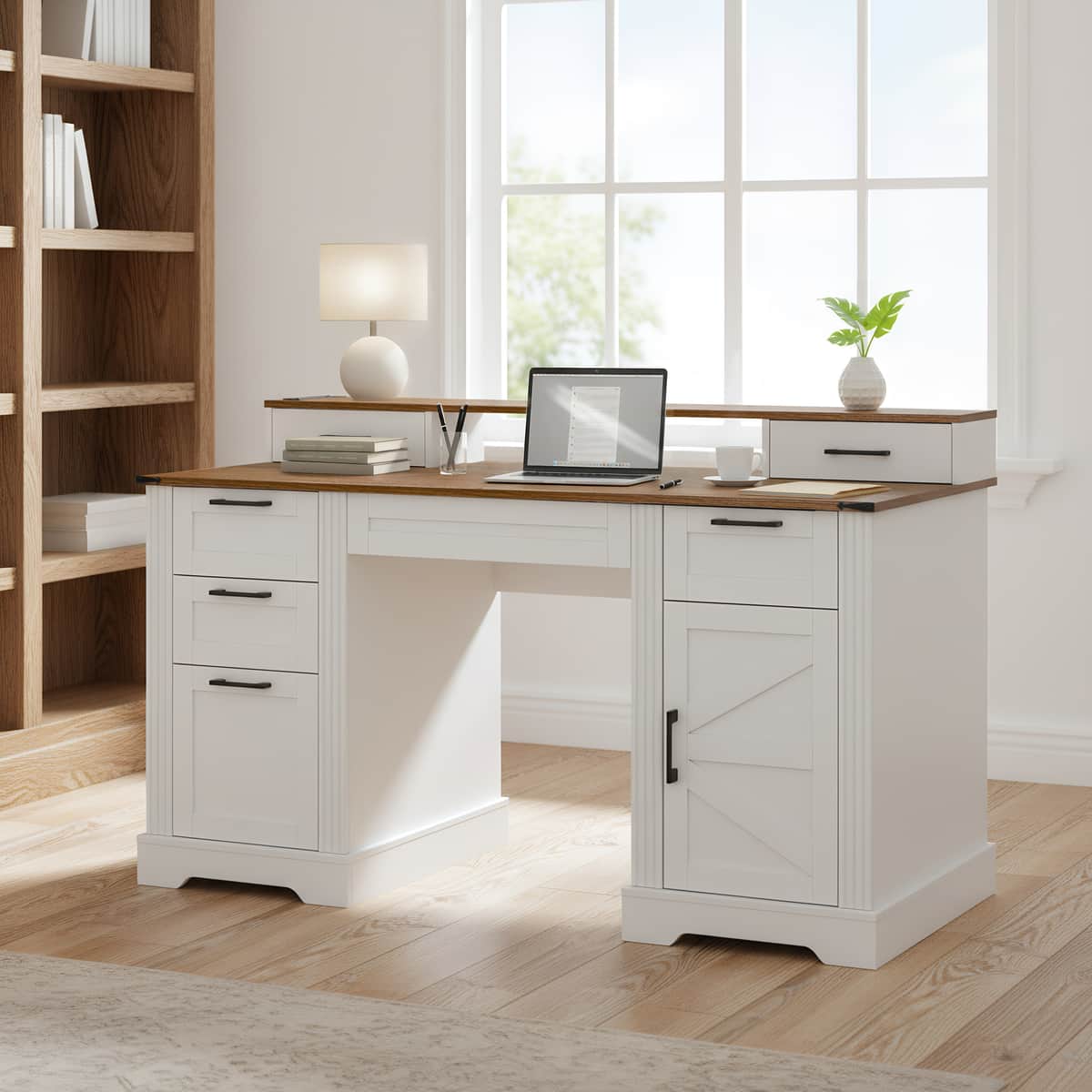 59" Farmhouse Office Desk With Charging Station & Storage Cabinet, Barn Door